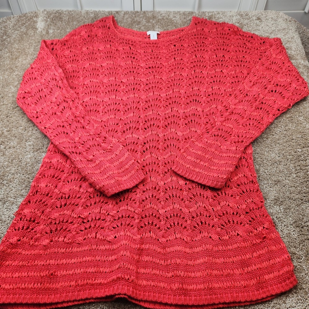 Chico's Size 4 Coral Red Open Knit Cotton Blend Scoop Neck Sweater XXL